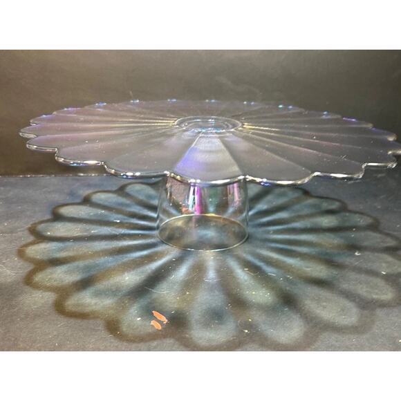 Vtg Carnival Glass cake stand - Iridescent Starburst/ Floral Design 12” X4” - Picture 6 of 6